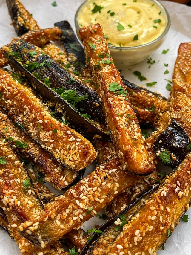 Crispy Baked Eggplant Fries with Garlic Parmesan Dip