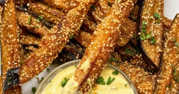 Crispy Baked Eggplant Fries with Garlic Parmesan Dip