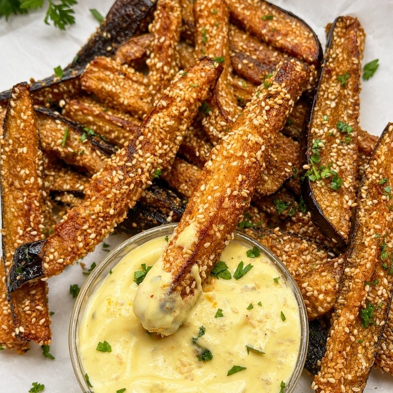 Crispy Baked Eggplant Fries with Garlic Parmesan Dip