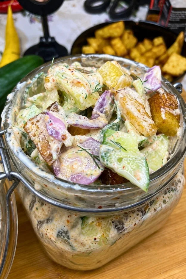 Crispy Potato Cucumber Avocado Salad in a jar