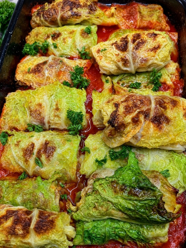 Savoy Cabbage Rolls with Lentils in a baking dish (vegan dinner)
