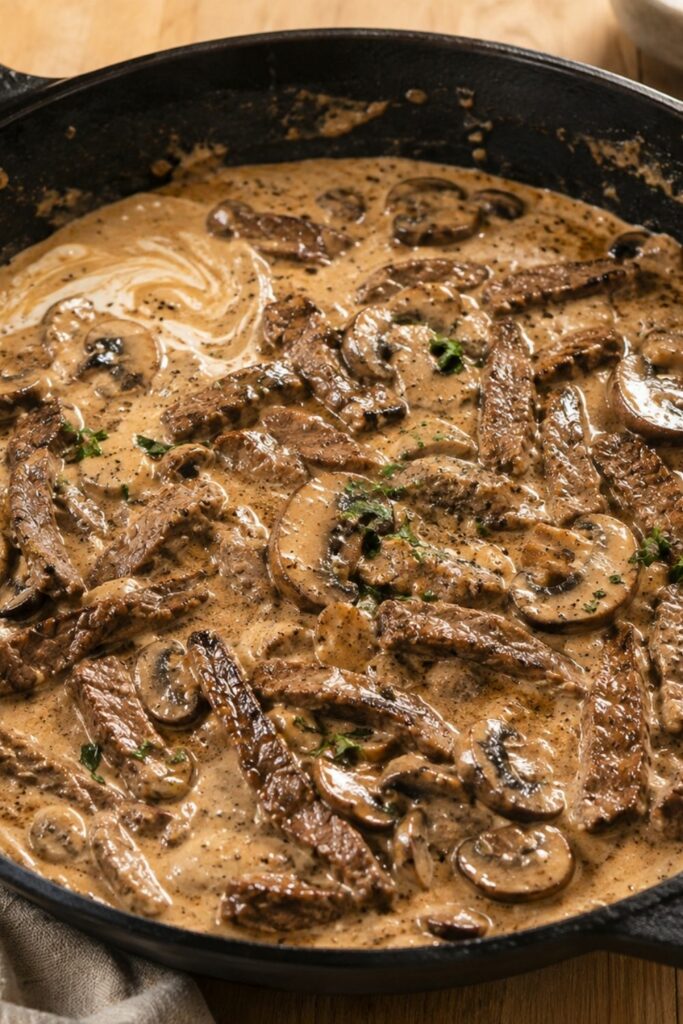 Beef Stroganoff with Mushrooms and Sour Cream in a skillet