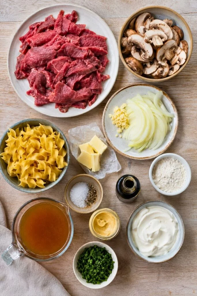 Ingredients for Beef Stroganoff with Mushrooms and Sour Cream