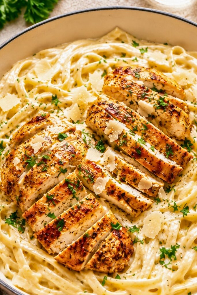 Chicken Alfredo with Garlic Parmesan Sauce in a pan