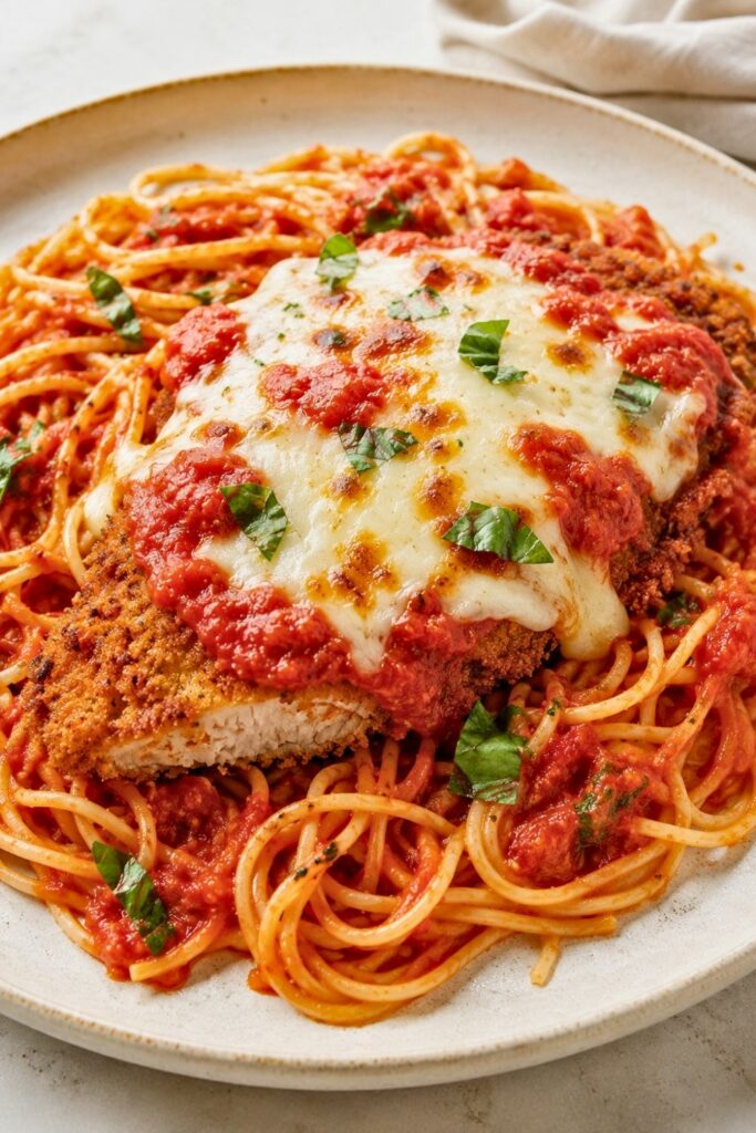 Chicken Parmesan with Marinara and Mozzarella on a plate with spaghetti