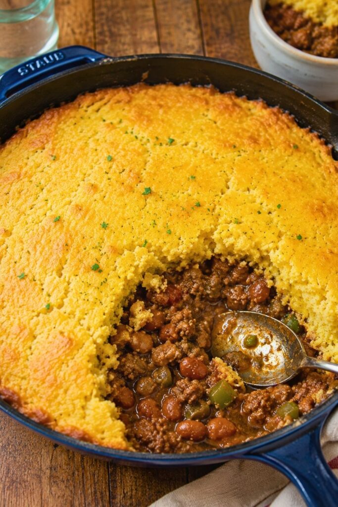Cornbread Cowboy Casserole with Beef, Beans and Bacon