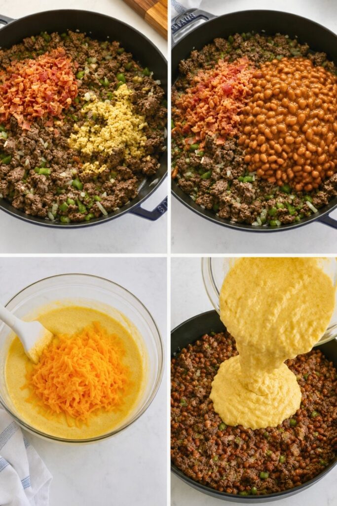 Cornbread Cowboy Casserole with Beef, Beans and Bacon