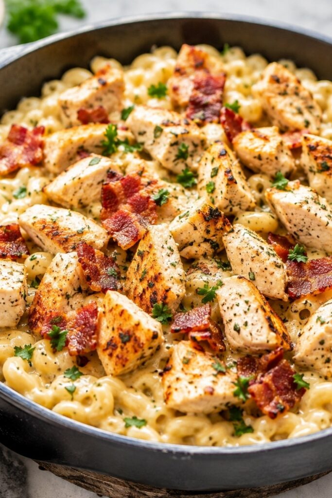 Creamy Chicken Ranch Mac and Cheese in a pan