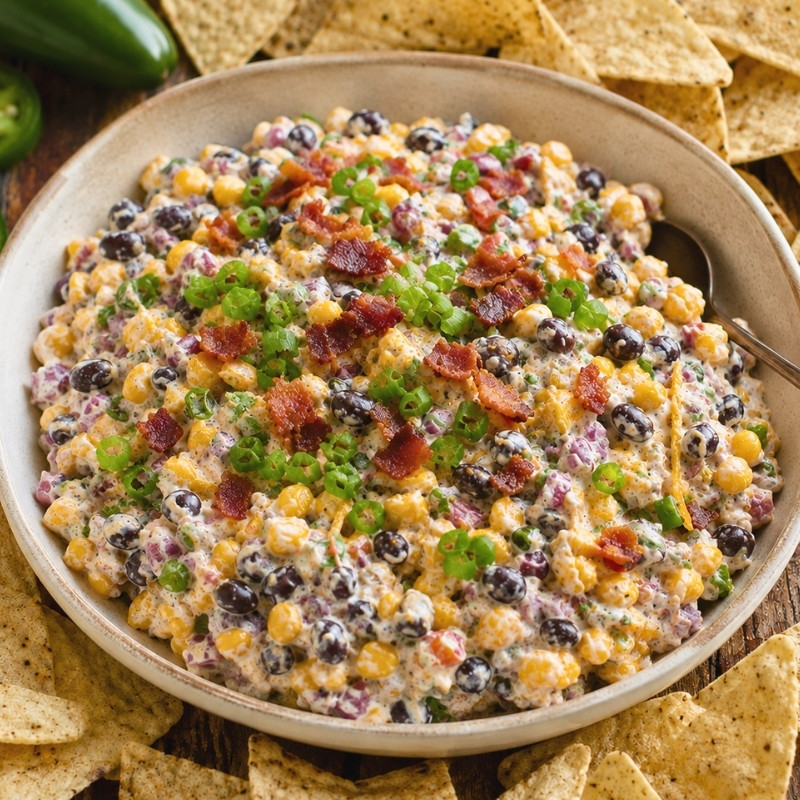 Creamy Cowboy Corn Dip with Bacon and Black Beans
