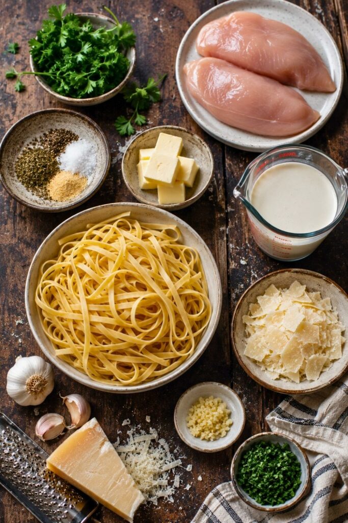 Ingredients for Chicken Alfredo. 
