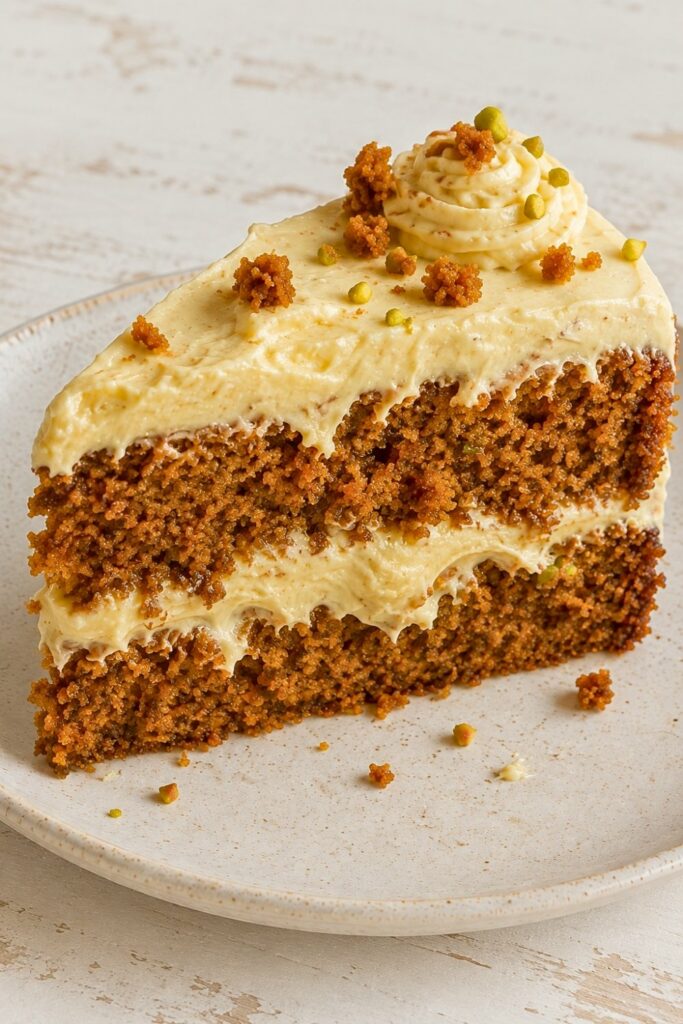 Pistachio Carrot Cake with Cream Cheese Frosting served on a plate
