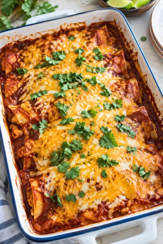 Chicken Enchiladas with Red Sauce in a pan